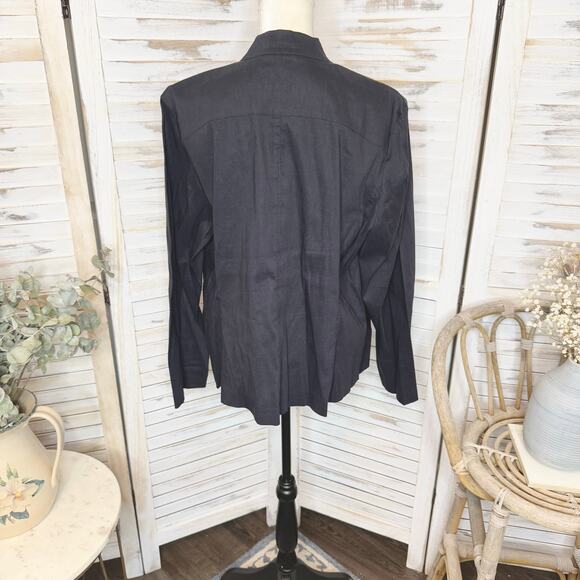 EILEEN FISHER Women's XL Italian Linen Button Blazer Black Mandarin Collar Moto - Picture 11 of 13